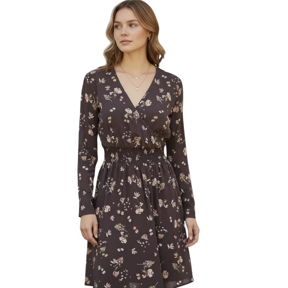 Amour Vert 100% Silk Floral Wrap-Style Dress Purple L